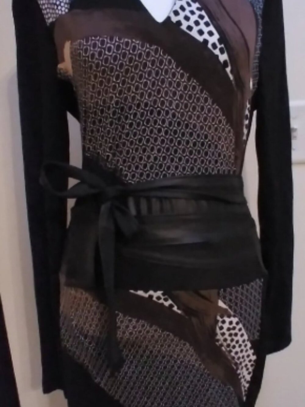 Abstract Print Long Sleeve Dress with Faux Leather Belt - Size L